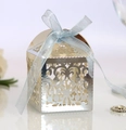 Silver hollow lace candy gift box with light blue ribbon for wedding favors - Reflective Silver