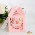 Pink laser-cut Eiffel Tower favor box with white organza ribbon for weddings - Pink