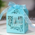 Elegant light blue laser-cut Eiffel Tower candy favor box with matching silk ribbon bow - Tiffany Blue