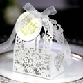 White laser-cut floral favor box with silver ribbon and Thank You tag for weddings - White (With Thank You Tag)