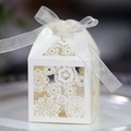 White laser-cut floral wedding candy box with elegant ribbon and pearlescent finish - Ivory