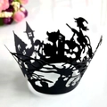 Laser-cut Halloween cupcake wrapper with black silhouettes of a witch, pumpkin, and castle - Witch And Castle Style (WB-221)