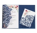 Laser cut navy blue floral wedding invitation set with elegant rose pattern sleeves - Dark Blue