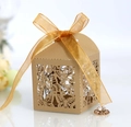 Brown kraft laser cut butterfly candy box with amber organza ribbon bow for weddings - Beige Gold