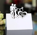 White laser cut heart wedding place card with Mr & Mrs design and diamond ring silhouette - White