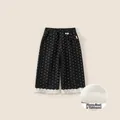 Girl's black polka dot wide-leg pants with warm fleece lining and white lace trim - Black with White Polka Dots