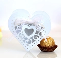 Laser-cut white heart favor box with ribbon for wedding sweets and chocolates - White