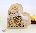 Golden heart-shaped wedding favor box with laser-cut rose patterns and white ribbon - Beige Gold