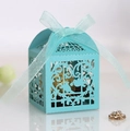 Laser cut light blue wedding favor box with love birds design and ribbon bow - Tiffany Blue