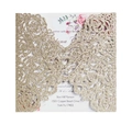 Glittering gold laser-cut heart invitation card set with floral inner page - Cyan Gold (HK-334)