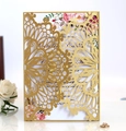Golden laser-cut wedding invitation with glitter finish and floral inner card - Beige Gold