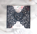 Glittery navy blue laser cut wedding invitation with heart lock and floral insert card - Blue Glitter (HK-334)