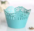 Sky blue laser-cut lace cupcake wrappers with elegant vertical stripe hollow design - Teal Blue