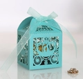 European laser cut carriage wedding candy box in tiffany blue with ribbon bow decoration - Teal Blue