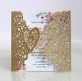 Laser-cut heart wedding invitation with gold glitter cover and floral inner card - Golden Yellow Glitter (HK-334)