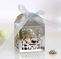 Silver laser-cut candy box with lovebird hollow design and light blue ribbon bow - Reflective Silver