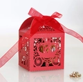 Laser-cut red wedding favor box with pumpkin carriage design and organza ribbon - Pearlescent Red