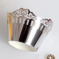 Laser cut lace cupcake wrappers in silver foil finish for elegant dessert table decor - Reflective Silver