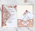 Rose gold laser cut wedding invitation with glitter finish and floral insert cards - Apple Gold