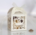 White laser cut pumpkin carriage candy box with matching organza ribbon bow for weddings - Ivory
