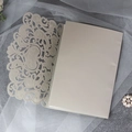 Elegant champagne laser-cut wedding invitation featuring intricate floral heart patterns - Full Set / Silver Grey