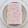 Pink laser-cut lace wedding invitation card with elegant floral and heart-shaped patterns - Full Set / Nude Pink