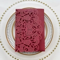 Deep red laser-cut wedding invitation card with elegant hollowed-out scroll patterns - Full Set / Dark Red