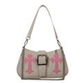 Borsa baguette Y2K in tela beige con ricamo a croce gotica rosa e catena d'argento - Bianco