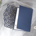 Elegant navy blue laser cut wedding invitation card with floral inner sheet detail - Full Set / Deep Blue