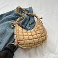 Minimalist khaki quilted cloud shoulder bag with pleated strap and side bow detail - Khaki