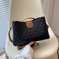 Fashionable black tote bag with geometric texture and brown leather straps - Black