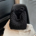 Black cloud puff shoulder bag with soft bubble texture and pleated handle for women - Black