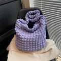 Soft purple puffy cloud tote bag with popcorn texture and matching pleated strap - White
