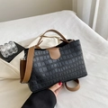 Brown and black contrast stitching tote bag with crocodile texture and long shoulder strap - Black