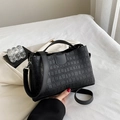 Chic black crocodile embossed women shoulder bag with wide strap and contrast stitch detail - Solid Black