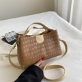 Brown crocodile embossed tote bag with beige top handle and adjustable shoulder strap - Brown