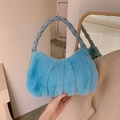 Sky blue faux fur handbag with braided leather handle and pleated fluffy texture - Blue