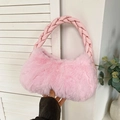 Pink faux fur handbag with woven leather handle for women's autumn winter fashion - Pink
