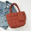 Chic brick red quilted tote bag with matching pouch in soft padded down fabric design - Brown