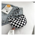 Chic black and white checkerboard canvas hobo crossbody bag with Fashion text - Black