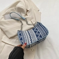 Ethnic style blue and white geometric pattern shoulder bag with silver metal chain strap - Style 1 Lake Blue