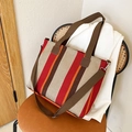 Vertical striped canvas tote bag in vintage red and brown with adjustable strap - Red