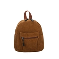 Minimalist caramel brown corduroy mini backpack for women with front zipper pocket - Brown
