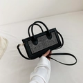 Elegant black PU leather handbag with silver rhinestone matrix and dual handles - Black