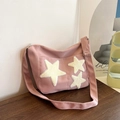 Pink canvas tote bag with plush stars, adjustable strap, for daily commute or school use - Pink