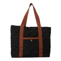 Large capacity black quilted oxford tote bag with stylish brown straps for women - Black