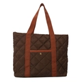 Quilted dark brown oxford tote bag with orange straps and golden snap button detail - Brown