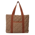 Quilted tote bag in tan oxford cloth with orange straps and front snap pocket - Khaki