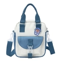 Petit sac bandoulière en toile bicolore beige et bleu avec badge ourson mignon - Bleu