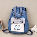 Blue nylon drawstring backpack with happy face motif and gray contrast flap cover - Blue Smile Face
